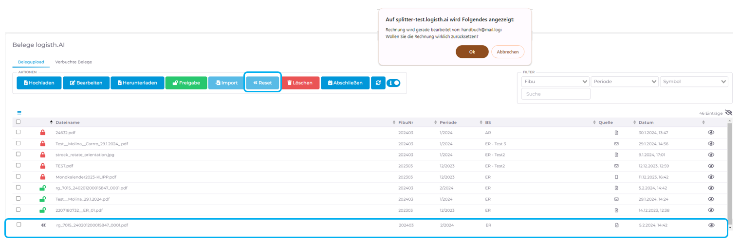 Logisth.AI Belegupload | Aktion: Reset