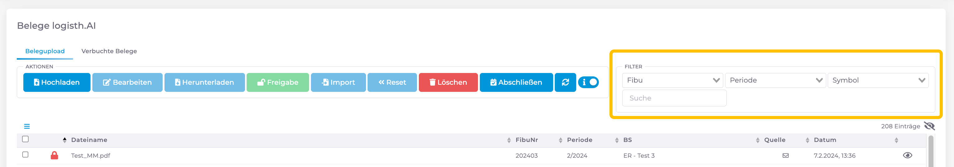 Logisth.AI Belegupload | Filtermöglichkeit