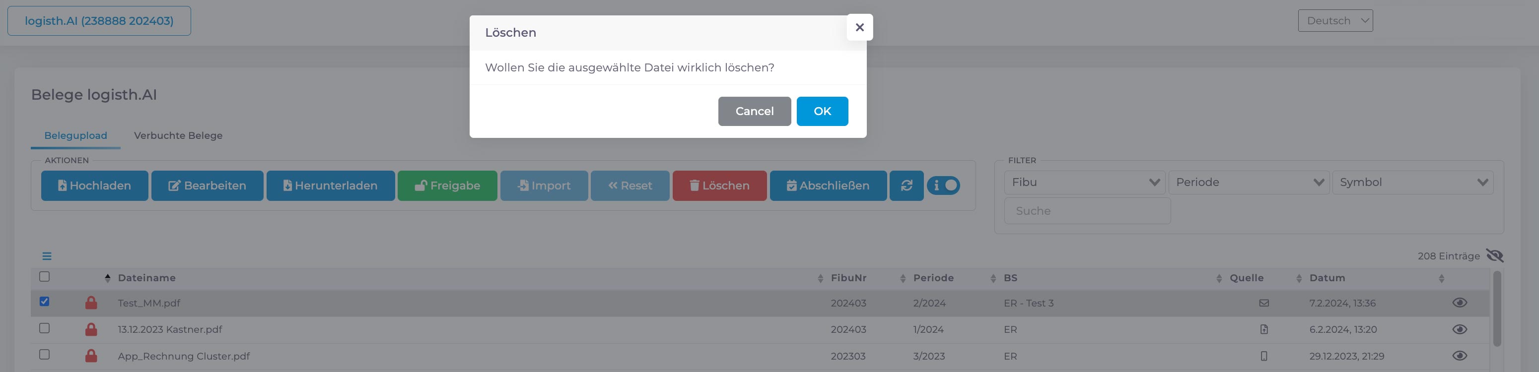 Logisth.AI Belegupload | Aktion: Löschen
