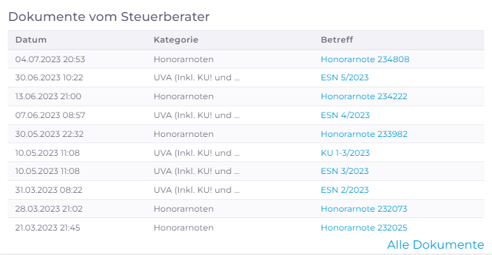 Logisth.AI Dashbard | Ansicht Dokumente vom Steuerberater 