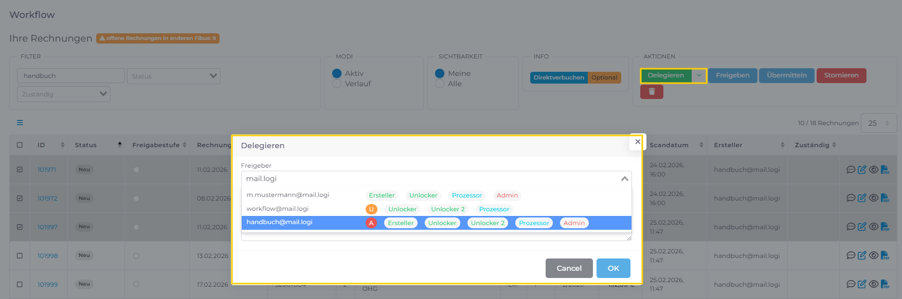 Delegieren an einen User Delegieren an einen User