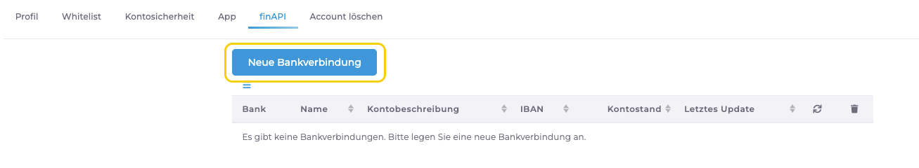 Logisth.AI – Zahlen mit finAPI |&nbsp;Profil bearbeiten | Neue Bankverbindung