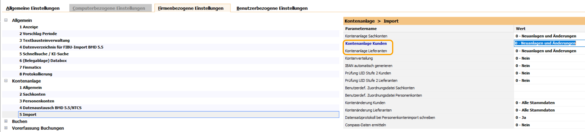 Firmenbezogene Einstellungen/Kontenanlage/Import