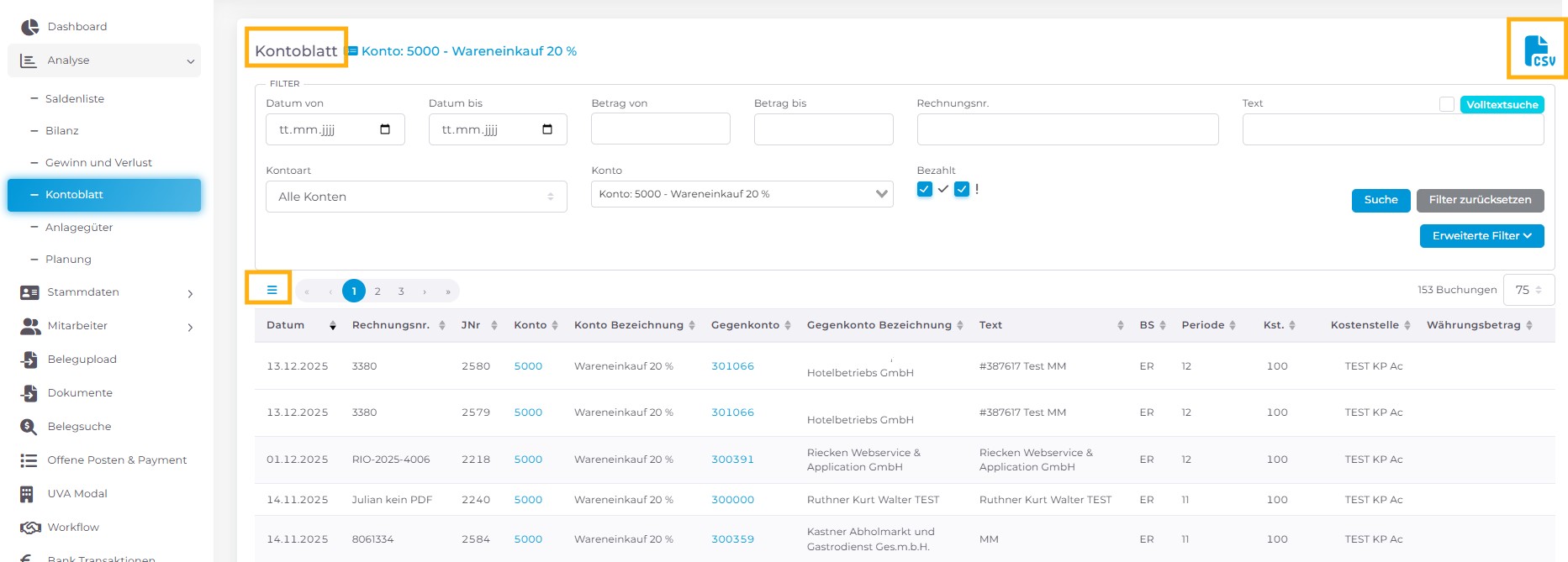 Benutzeroberfläche – Kontoblatt