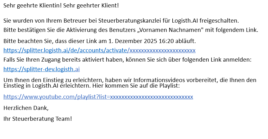 Aktivierungsmail für Logisth.A