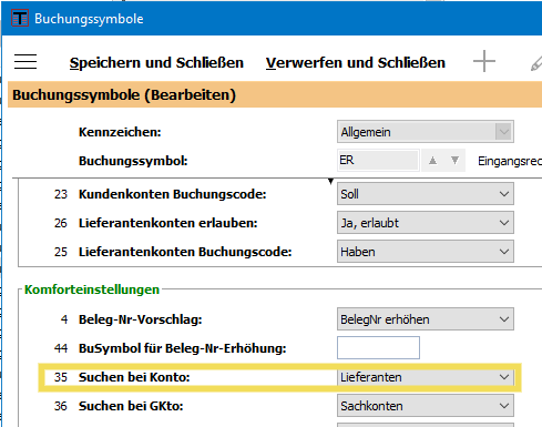 Einstellung beim Buchungssymbol