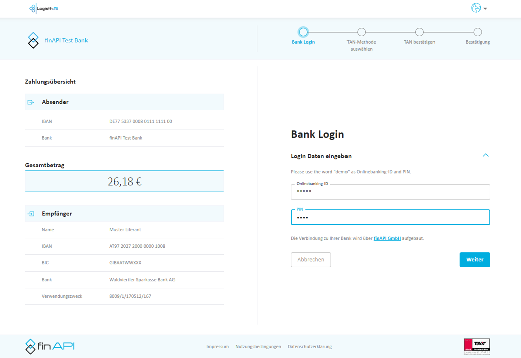 finAPI Zahlungsübersicht und Bank Login
